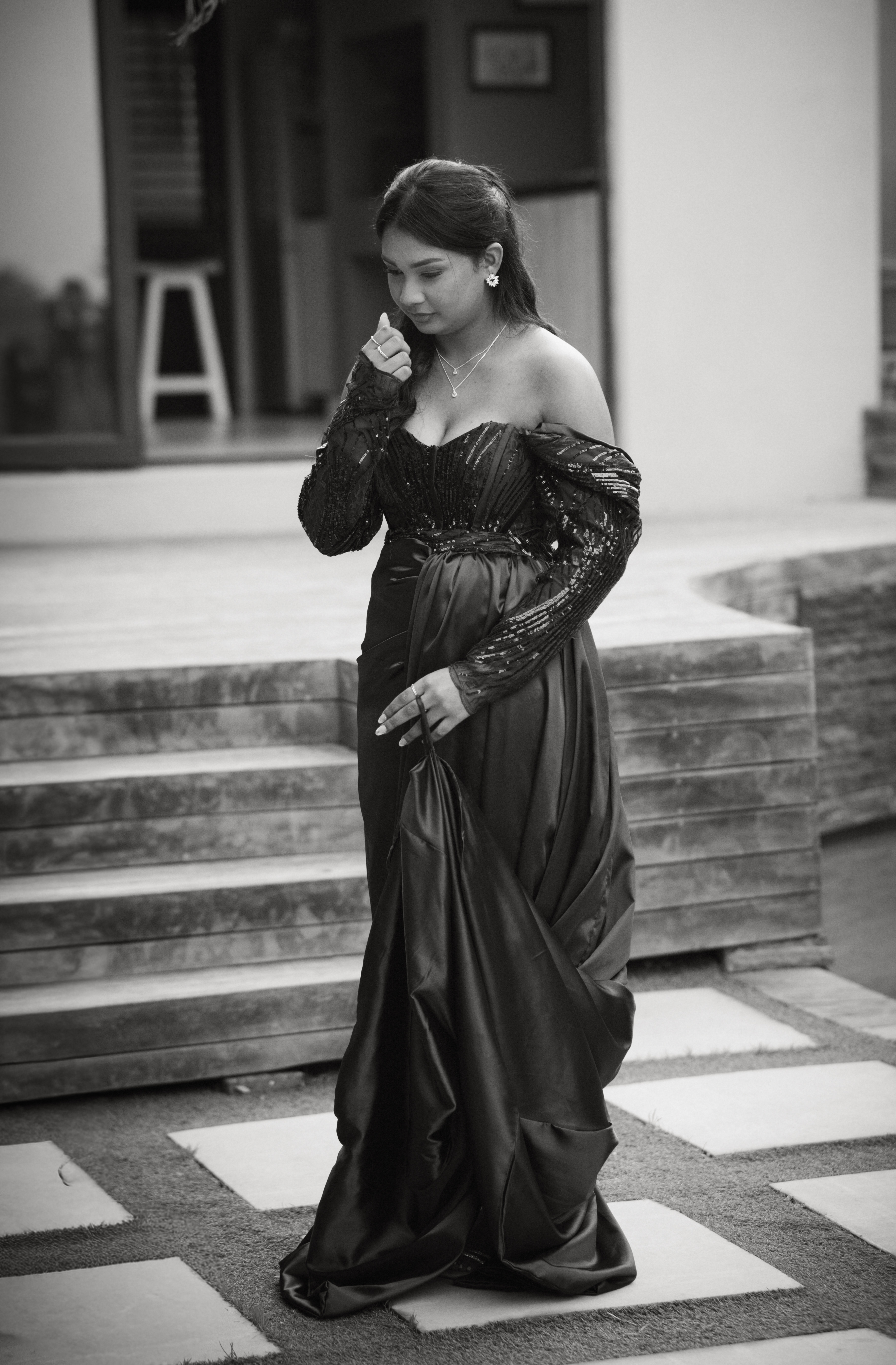 Black-and-white full-length portrait