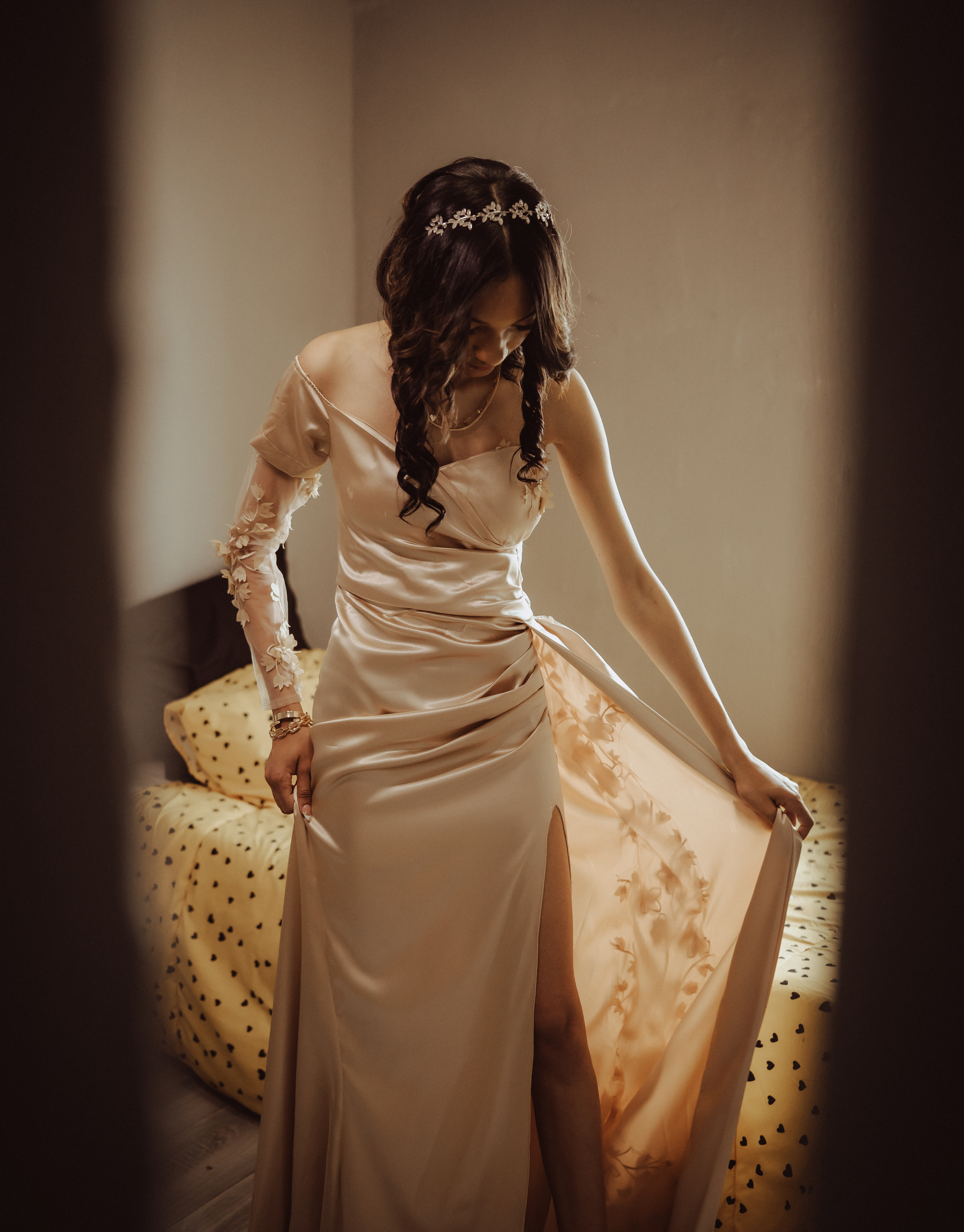 Full-length champagne dress portrait