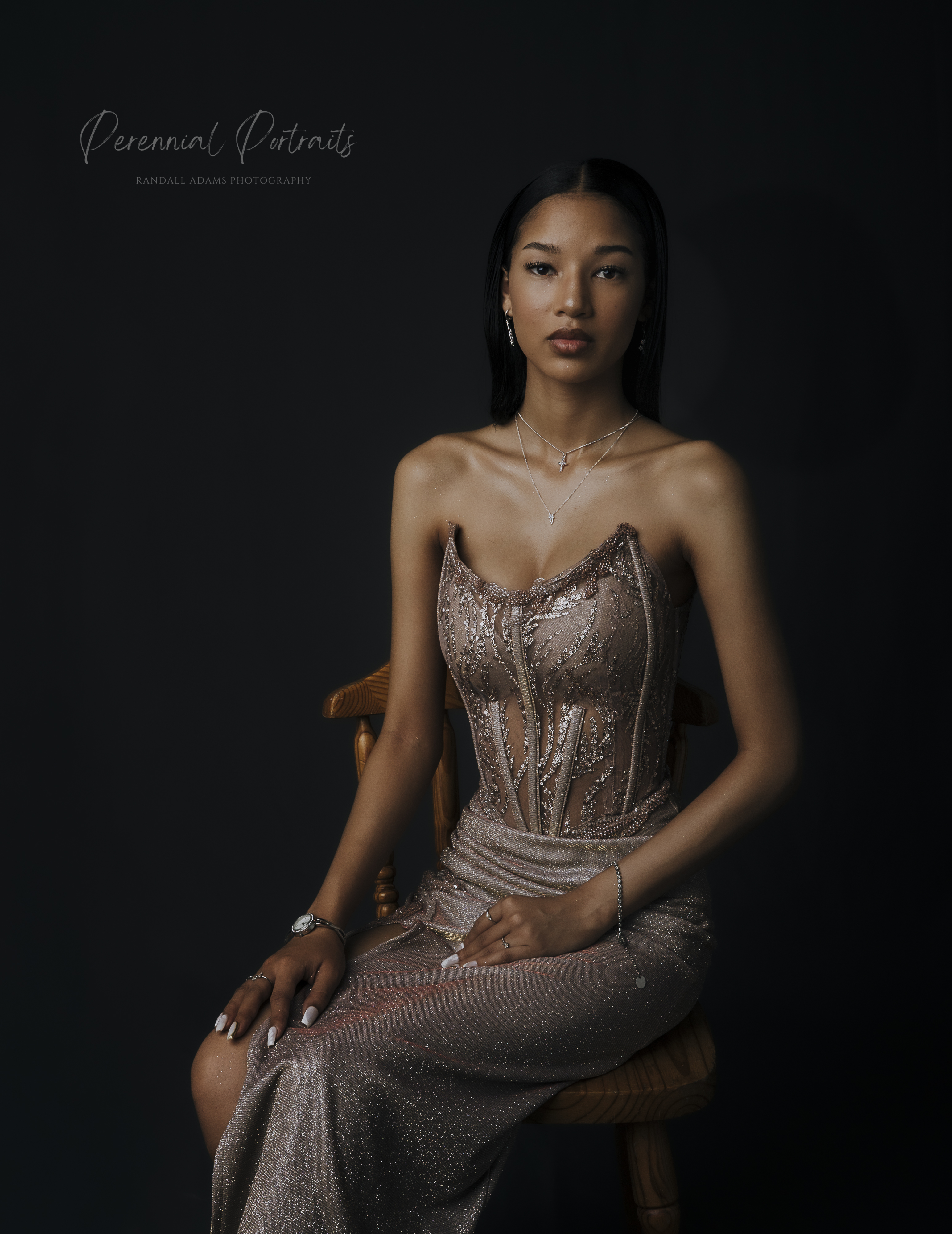 Seated champagne dress portrait